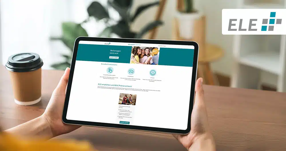 ELE Logo, iPad mit Startseite der Empfehlungslösung ELE empfehlen
